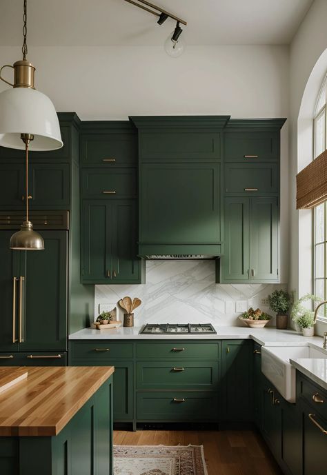 29 Stunning Green Kitchen Cabinet Ideas: Lush, Nature-Inspired Hues 27 Forest Green And Wood Kitchen, Forest Green Kitchen Cabinets, Mushroom Kitchen Cabinets, Forest Green Kitchen, Forest Kitchen, Coastal Farmhouse Kitchen, Dark Green Kitchen, Kitchen Cabinet Color Ideas, Painted Kitchen Cabinets Colors