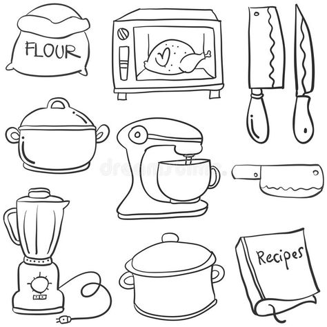 Cute Kitchen Drawing, Kitchen Cartoon, Cartoon Doodles, Kitchen Drawing, Vector Doodle, Food Doodles, Cartoon Drawings Disney, Cartoon Drawing Tutorial, Draw Cartoon