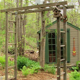 A wonderful repurposed garden arbor on the approach to my "She Shed" made from my grandfather's old wooden extension ladder. Things To Can, Ladders In The Garden, Ladder Trellis, Wooden Ladders, Old Wooden Ladders, Garden Ladder, Garden Arbor, Backyard Pergola, Wooden Ladder