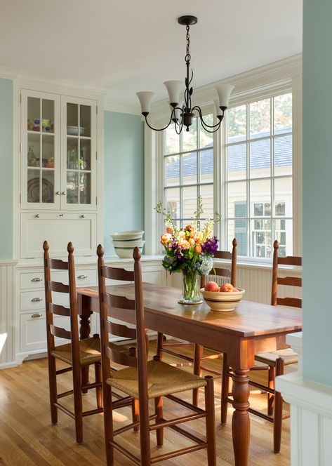 Ladder back chairs More Collected Dining Room, Shaker Dining Room, Crown Point Cabinetry, Winchester House, Palladian Blue, Built In Buffet, Shed With Porch, House Journal, Journal Magazine