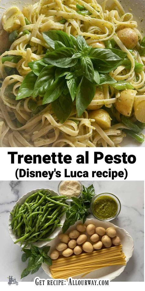 A collage featuring the Trenette al Pesto recipe and the ingredients needed to make it with a title overly. Trenette Al Pesto Recipe, Spaghetti Pesto Recipe, Luca Pasta, Trenette Al Pesto, Beans And Potatoes, Healthy Appetizers Easy, Homemade Pasta Recipe, Pasta Al Pesto, Disney Dinner