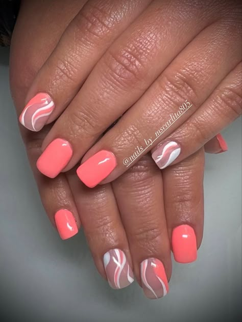 Peach nails, swirl nails Coral White Nails, Coral Swirl Nails, White And Coral Nails, Coral Nails With Design Summer, Coral Nail Designs, Squiggle Nails, Uñas Color Coral, Coral Gel Nails, Nails Swirl