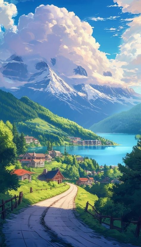 SD3 is a breathtaking masterpiece in the style of Studio Ghibli, featuring picturesque mountains and a serene lake. The lush greenery, vibrant colors,... -  #Ghiblistyle #lake #Landscape #Mountains Studio Ghibli Landscapes, Ghibli Studio Aesthetic, Studio Ghibli Landscape, Ghibli Landscape, Studio Ghibli Nature, Ghibli Scenery, Ghibli Nature, Studio Ghibli Aesthetic, Landscape Studio Ghibli