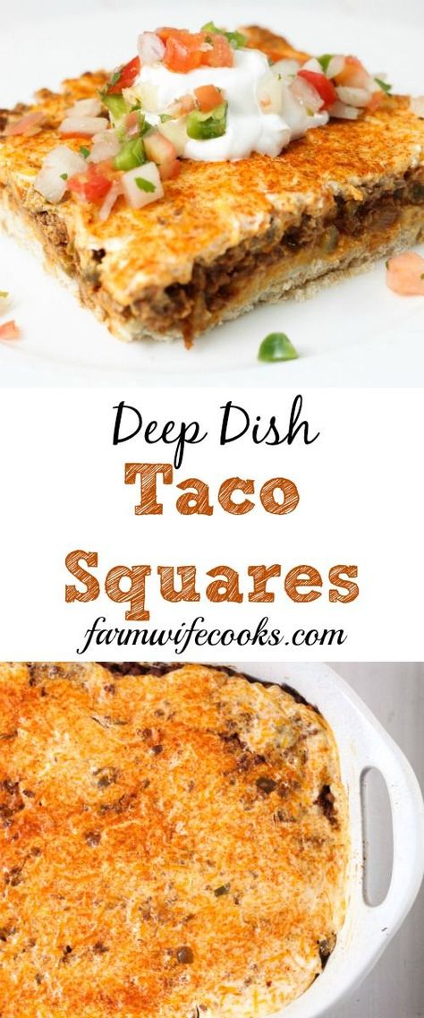 Deep Dish Taco Squares are an easy ground beef casserole recipe that will kick up your families Taco Tuesday. #TacoTuesday #Casserole Taco Squares, Easy Ground Beef Casseroles, Taco Tuesday Recipes, Ground Beef Casserole Recipes, Easy Ground Beef, Ground Beef Casserole, Beef Casserole, Taco Recipes, Taco Tuesday