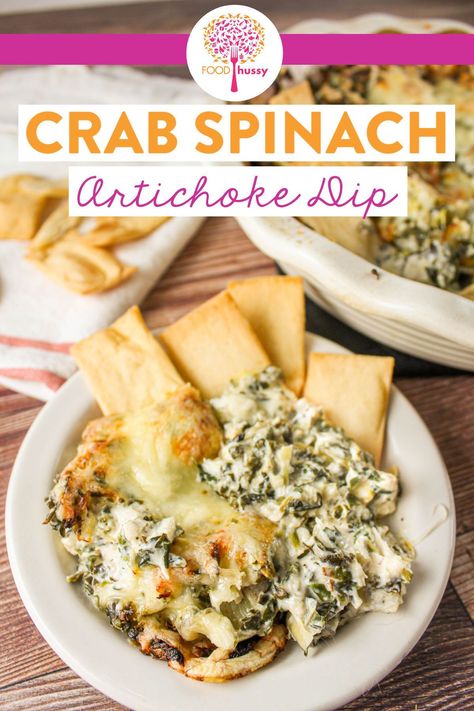 Crab Spinach Artichoke Dip is the perfect appetizer for any gathering! Everybody loves the rich and creamy spinach artichoke dip - but adding in lump crab meat just makes it even more decadent! Crab Spinach Artichoke Dip, Spinach Dip Cold, Creamy Spinach Artichoke Dip, Baked Spinach Dip, Crab Casserole, Crab And Artichoke Dip, Dip Recipes Hot, Lump Crab Meat, Hot Crab Dip