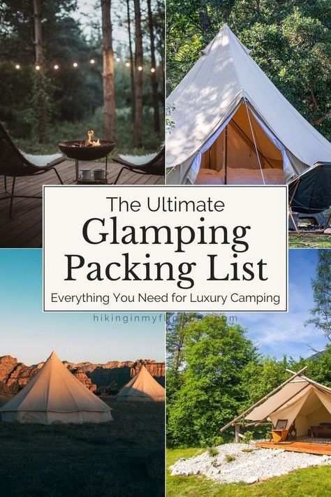 images of various glamping tents and two chairs set up by a fire in a portable firepit Glamping List Packing Checklist, Glamping Must Haves Products, Glamping In A Tent, Glamping Essentials Packing Lists, Glamping List, Glamping Necessities, Glamping Must Haves, Glamping Checklist, Glamping Activities