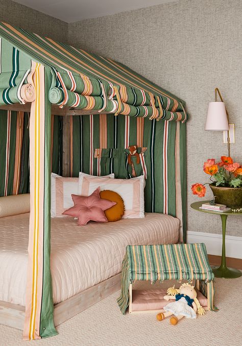 love this room designed by Chauncey Boothby . post on @honestlywtf! #kidsroom Madeline Nursery Theme, Madeline Themed Nursery, Children’s Bedroom, Vintage Kids Room, Dreamy Bed, Striped Tile, Themed Kids Room, Kids Room Prints, Kid Rooms