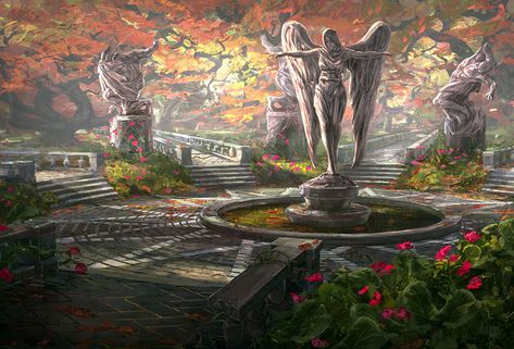 Angel Garden, Garden Illustration, Garden Angels, Golden Temple, Castle Garden, Fantasy City, Fantasy Castle, Fantasy Setting, Fantasy Places