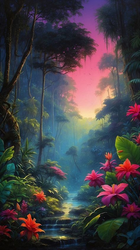 Colorful Art Paintings, Neon Jungle, Jungle Forest, Surreal Scenes, Dense Forest, Forest Sunset, Beautiful Scenery Photography, Wallpaper Flowers, Jungle Wallpaper