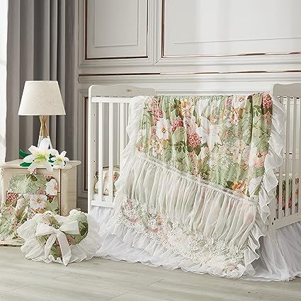 Vintage Crib Sheet and Tulle Lace Crib Bed Skirt, Green White. 100% GOTS certified organic cotton, healthy and cozy *6-piece girls nursery bedding set includes: baby comforter(45"*36"), floral crib sheet, Shimmer tulle dust ruffle with 16" drop *UNIQUE DESIGN: Elevate the nursery with the Fine Elegant look of organic cotton. Beautiful hues and shabby chic styling give this supersoft collection its tailored, timeless appeal. Instantly update their nursery with our bedding:) Crib comforter is lu Girl Nursery Crib, Crib Bed Skirt, Floral Crib Sheet, Girl Nursery Bedding, White Crib, Baby Crib Bedding Sets, Baby Room Themes, Girls Bedding Sets, Toddler Bed Set