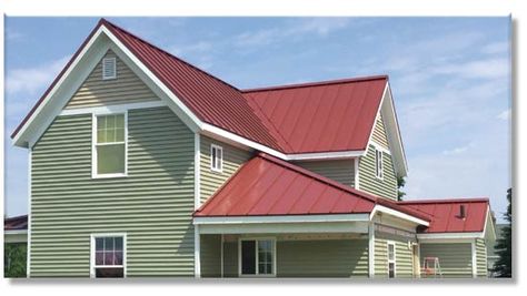 Red Roof House Colors, Red Metal Roof, Tin Roof House, Green House Exterior, Green Siding, Red Roof House, Color House, Red Roof Inn, Ranch Remodel