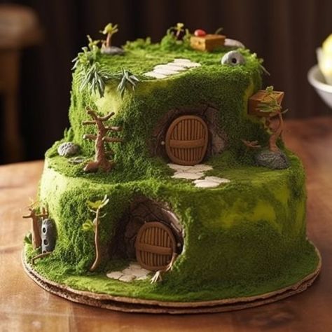 Hobbit Cake Ideas, Lord Of The Rings Cake Ideas, Lotr Cake Birthday, Lord Of The Rings Desserts, Lord Of The Rings Birthday Cake, Lord Of The Rings Party Decorations, Forest Cake Ideas, Nature Wedding Cake, Lotr Cake