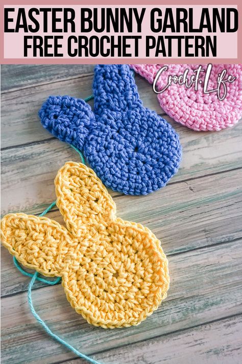 So easy and fun, this free Easter bunny banner crochet pattern is a fantastic way to bring little bunnies into your spring decor. Crochet Bunny Apliques, Crochet Easter Bunny Applique Free Pattern, Crochet Bunny Garland Pattern Free, Flat Bunny Crochet Pattern, Bunny Coaster Crochet Pattern, Crochet Bunny Garland, Crochet Easter Coasters Free Pattern, Crochet Bunny Coasters Free Pattern, Crochet Rabbit Applique Free Pattern