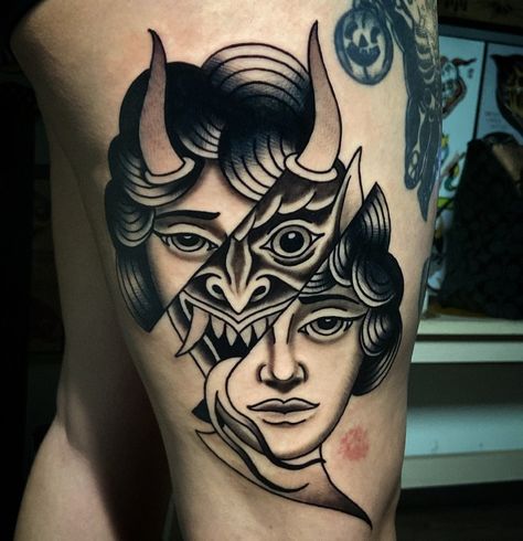 Demon Tattoo Traditional, Trippy Traditional Tattoo, She Devil Tattoo, Traditional Tombstone Tattoo, Devil Face Tattoo, Devil Woman Tattoo, Split Face Tattoo, Devil Traditional Tattoo, Traditional Devil Tattoo