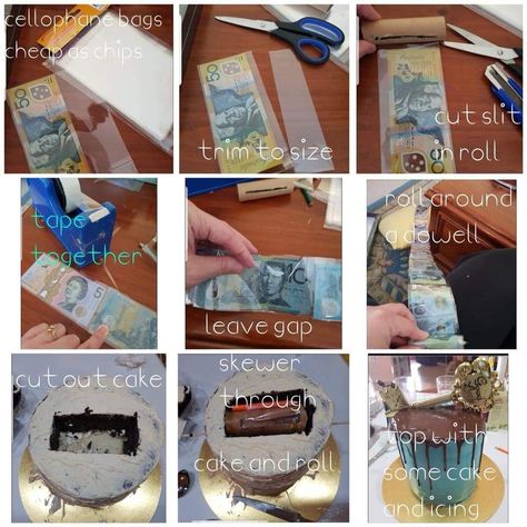 Money Coming Out Of Cake, Money Pull Out Cake, Money Cake Pull Out Design, Money Pulling Cake Design, Cake With Money Inside, Recipe For Carrot Cake, Birthday Candy Bouquet, Inside Cake, Cake Pulls