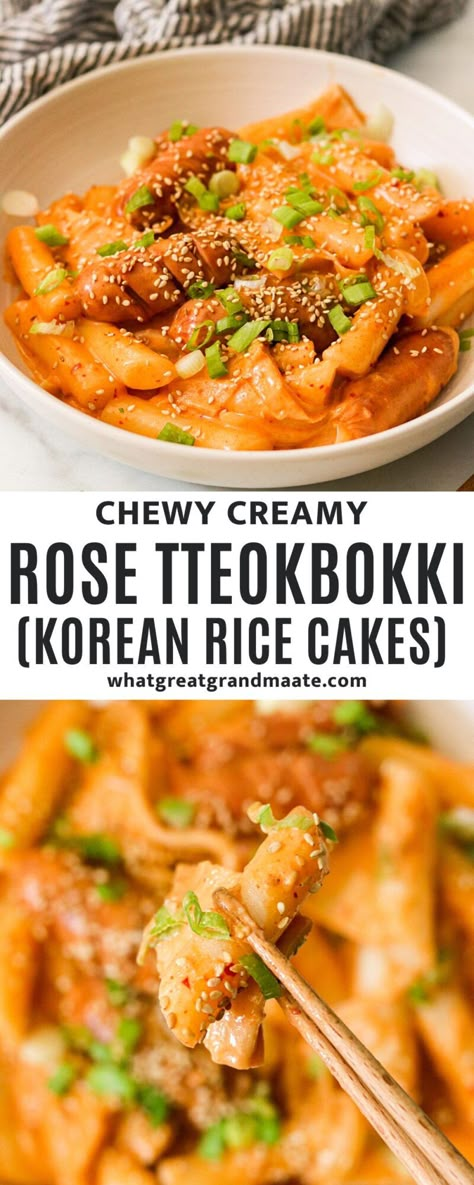 A popular and trendy fusion dish, this Rose Tteokbokki features chewy rice cakes in a creamy, cheesy, and mildly spicy Korean rosé sauce. It’s full of flavor, ready in 30 minutes, and has a dairy free and gluten free option! Non Spicy Rice Cake Recipes, Non Spicy Tteokbokki Recipe, Gluten Free Tteokbokki, Rose Teokkboki Recipes, Rice Cakes Toppings Savory, Rose Toppoki, Rose Tteokbokki Recipe, Rice Cake Recipes Korean, How To Make Rice Cakes