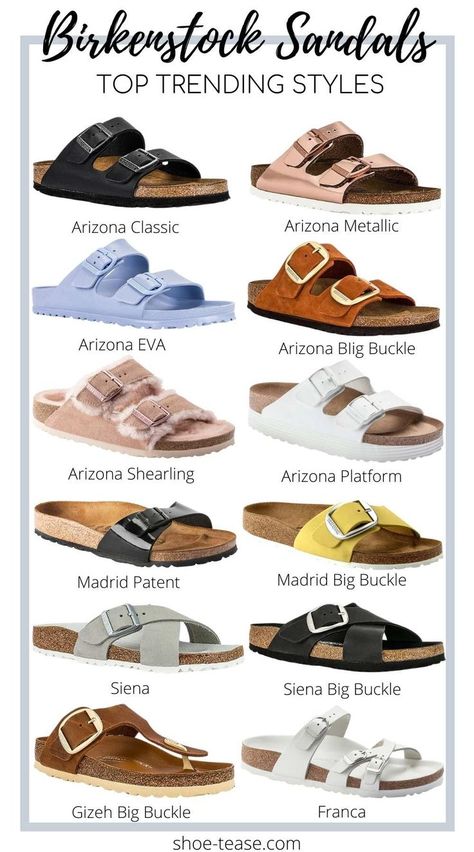 Collage of 12 trendy birkenstocks in different colors and styles with text reading birkenstock sandals top trending styles shoe-tease.com. Women Mules Shoes, Birkenstock Women Outfit, Women Birkenstock Sandals Outfits, Birkenstocks Outfits, Women Birkenstock, Womens Birkenstocks, Birkenstock Sandals Outfit, Sandals Design, Birkenstock Sandals Women