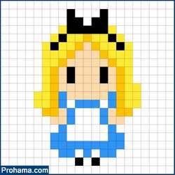 16x16 Pixel Art Grid, Princess Pixel Art, Disney Pixel Art Easy, Pixel Art Grid Disney, Pixel Art Pattern Princess, Mad Hatter Perler Beads, Disney Princess Pixel Art Grid, Alice In Wonderland Pixel Art, Alice In Wonderland Perler Bead Patterns