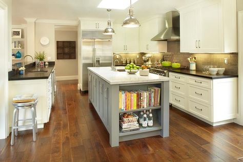 Example of what I thought I might do but don't like it in this pic. Different cabinets and counter for island. Kitchen Bookshelf, Cookbook Storage, Cookbook Shelf, Kitchen Island Storage, Grey Kitchen Island, Grey Kitchen Designs, Small Kitchen Island, Shaker Kitchen Cabinets, Spanish Revival