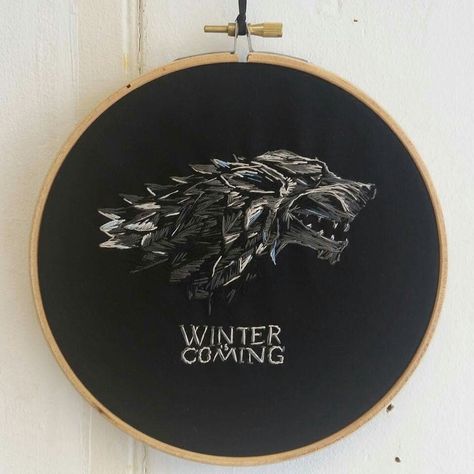 Direwolf embroidery by evie rose designs.  #winteriscoming Game Of Thrones Embroidery Patterns, Embroidery Wolf, Head Aesthetic, Wolf Embroidery, Wolf Face, Dire Wolf, Nerdy Things, Embroidered Bag, Art Appreciation