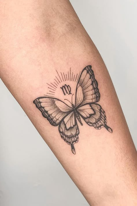 Virgo Butterfly, Frankie Tattoo, Butterfly With Flowers Tattoo, Virgo Tattoo Designs, Butterfly Tattoo Stencil, Butterfly Tattoos On Arm, Virgo Symbol, Unique Butterfly Tattoos, Matching Tats