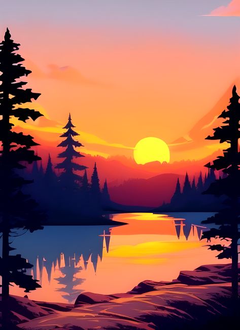 https://www.redbubble.com/i/art-board-print/Add-a-Touch-of-Beauty-and-Tranquility-to-Your-Home-with-Our-Wide-Range-of-Gorgeous-Minimalist-Landscape-and-Lake-Sunrise-Prints/137888694.TR477?asc=u Wide Landscape Paintings, Digital Art Scenery Landscapes, Sunrise Painting Simple, Mountain Sunrise Painting, Vector Art Landscape, Sunset Mountain Painting, Sunrise Mural, Lake Mural, Sunrise Art Painting