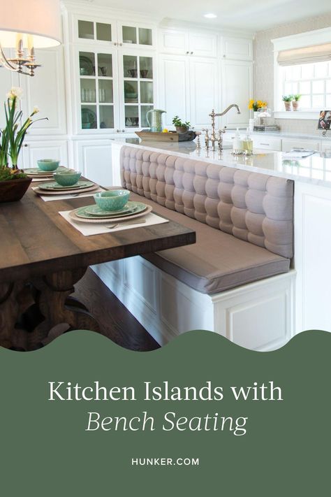 Ahh, the kitchen island, otherwise known as the heart of the home. While we love the traditional look of an island with counter stools as much as the next person, we've recently landed on a new obsession: bench seating. #hunkerhome #kitchen #kitchenisland #kitchenideas #islandinspo Large Kitchen Island With Table Attached, Large Kitchen Island With Bench Seating, Kitchen With Island And Breakfast Nook Bar Stools, Kitchen Island With Bench Seating Layout, Kitchen Island With Booth Table, Kitchen Island Ideas With Bench Seating, Kitchen Island With Lower Seating, Kitchen Islands With Dining Tables Attached, Kitchen Islands With Bench Seating