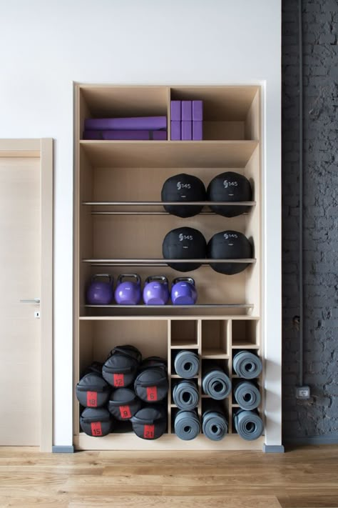 Aerobic Studio Design, Yoga Studio Equipment Storage, Pilates Equipment Storage, Yoga Ball Storage, Yoga Studio Prop Storage, Exercise Equipment Wall Storage, Home Gym Storage Ideas, Gym Storage Ideas, Fitness Equipment Storage