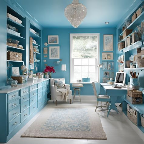 Calling all crafters! This inspiring space features blue walls, shelves for storage, and a desk for creating. What are your must-have craft supplies? Let us know in the comments! Blue Craft Room, Shelves For Storage, Blue Crafts, Inspiring Spaces, Blue Walls, A Desk, Craft Room, Must Haves, Light Blue