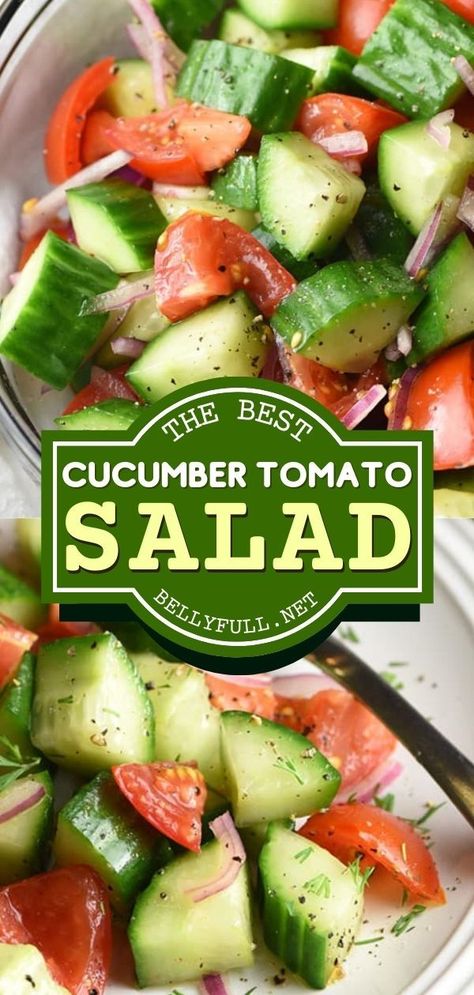 This BBQ side dish recipe is always a staple at gatherings! It's the perfect Labor Day party food idea. With layers of textures and flavors, this Cucumber Tomato Salad is the BEST. Everyone loves this easy summer salad! Healthy And Unhealthy Food, Cucumber Tomato Salad, Lake Food Ideas Summer, Bbq Sides, Food Ideas Summer, Lake Food Ideas, Summer Corn Salad, Cucumber Recipes Salad, Summer Corn