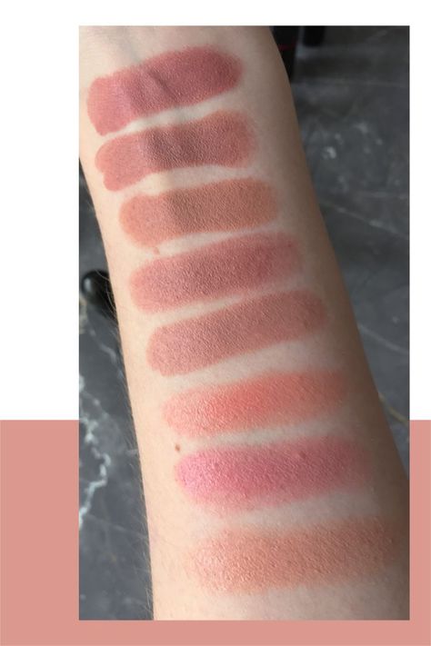 Swatches of MAC Cosmetics Nude Lipsticks; from top to bottom: Faux, Viva Glam II, Honeylove, Modesty, Blankety, Pure Zen, Creme Cup, Creme d'Nude #maccosmetics #maclipsticks #nudelipsticks #lipstickcomparison Mac Blankety Lipstick, Mac Viva Glam Ii, Mac Faux Lipstick, Mac Modesty Lipstick, Mac Modesty, Viva Glam Ii, Mac Honeylove, Mac Faux, Mac Nude Lipstick