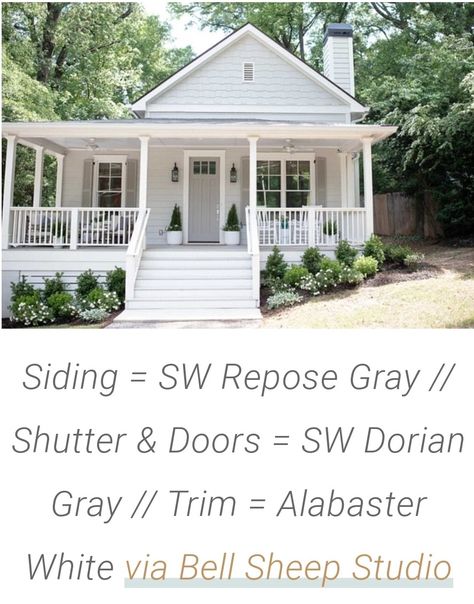 Grey Shutters White House, Light Gray House With White Shutters, Light Gray Vinyl Siding, White House With Grey Shutters, Light Gray House Shutter Color, Repose Gray House Exterior, Gray House White Shutters, Light Gray House With Shutters, White House Gray Shutters