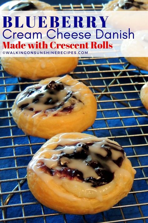 Blueberry Danish Crescent Rolls, 4 Ingredient Blueberry Danish, Blueberry Cream Cheese Crescents, Crescent Roll Breakfast Recipes Cream Cheese, Easy Fruit Danish Recipe, Blueberry Cream Cheese Danish With Crescent Rolls, Blueberry Crescent Roll Muffins, Easy Sweet Breakfast Ideas Crescent Rolls, Fruit Crescent Roll Recipes