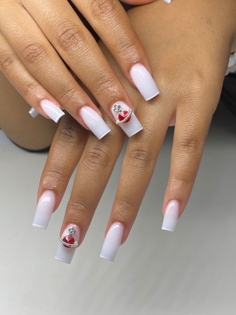 Summer Nails Charms, Red Planet Nails, White Nails With Planet Charm, French Tip Nails With Planet Charms, French Tip Acrylic Nails With Planet Charms, Nails With The Planet Charm, Planet Nails Design, Planet Charm Nails Design, Nails With Planet Charm