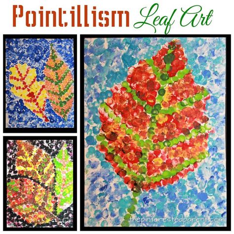 Pointillism fall leaf art inspired by Seurat. Impressionism and painting for kids Fall Leaf Art, September Art, Autumn Leaves Art, 2nd Grade Art, Fall Art Projects, 4th Grade Art, 3rd Grade Art, Elementary Art Projects, Homeschool Art