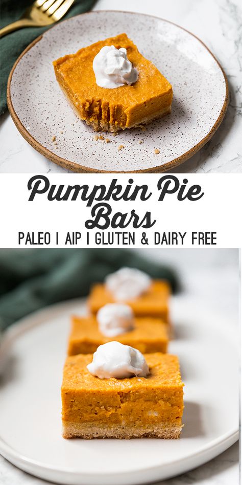 Paleo Pumpkin Pie Bars (AIP) - Unbound Wellness Paleo Pumpkin Pie Bars, Aip Pumpkin, Aip Diet Recipes, Paleo Pumpkin Pie, Unbound Wellness, Autoimmune Recipes, Autoimmune Paleo Recipes, Biscuits Graham, Aip Paleo Recipes