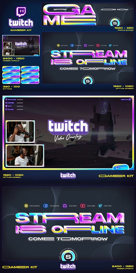 Gaming Stream Twitch Overlay Template PSD Streaming Overlay Template, Twitch Overlay Templates, Neon Overlay, Overlay Ideas, Overlay Template, Profile Banner, Stream Overlay, Twitch Overlay, Affinity Designer