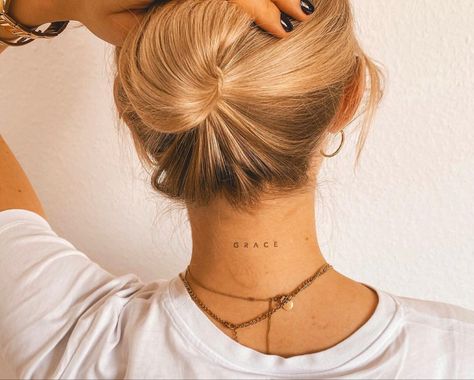 Minimalist Tattoo Behind Neck, Dainty Neck Tattoo Words, Small Back Neck Tattoo For Women, Unique Behind Ear Tattoos For Women, Tattoos Behind Neck, Delicate Neck Tattoo, Small Behind Ear Tattoos For Women, Behind Neck Tattoo Woman, Small Neck Tattoos For Women