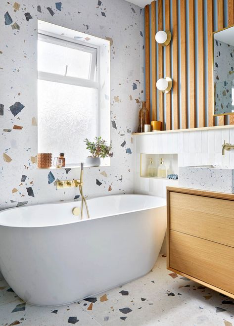 Bathroom makeover: an upgrade using terrazzo and oak — House Beautiful UK Terrazzo Tiles Bathroom, Terrazzo Bathroom Tiles, Modern Kids Bathroom Ideas, Bathroom Terrazzo, Modern Kids Bathroom, Terrazzo Bathroom, Limestone Flooring, Stunning Bathrooms, Terrazzo Flooring