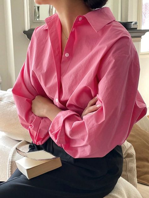 Plain Shirt, Women Blouses, Button Front Shirt, Pink Shirt, Drop Shoulder, Hot Pink, Collar, Pink