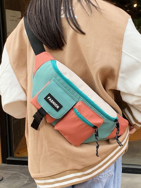 Multicolor Preppy Collar  Polyamide Colorblock,Letter Bum Bag Embellished   Women Bags Color Block Bag, Waist Bags For Women, Waist Bag Women, Fanny Pack Women, Banana Bag, Letter Bag, Fanny Bag, Novelty Bags, Fabric Accessories