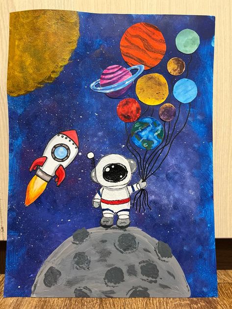 Painting Of Space And Planets, Easy Astronaut Painting, Astronaut In Space Drawing, Space Painting For Kids, Space Painting Ideas Easy, Space Theme Drawing, Astronauts Drawing, Planet Drawing Art, Space Rocket Drawing