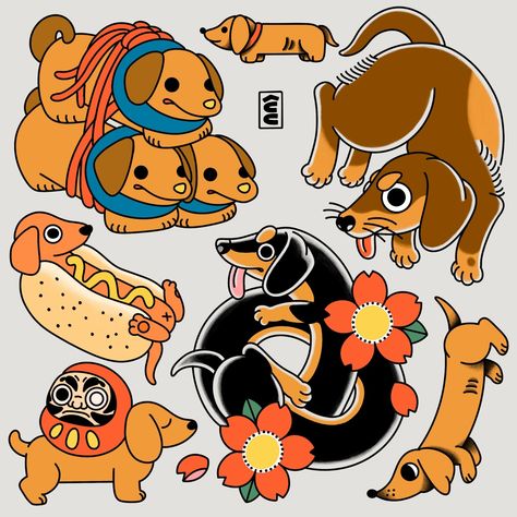 Got inspired to make a dachshund flash sheet as I was working on making some paint palettes 🌭🐶 . . . . . #illustration #tattooflash #flashtattoo #dachshundtattoo #dogtattoodesign Traditional Daschund Tattoo, Japanese Dog Illustration, Daschund Drawing Illustration, Tortoise Cat Tattoo, Daschund Drawing, Sheltie Tattoo, Paint Palette Tattoo, Tattoo Flash Sheet Ideas, Hot Dog Tattoo