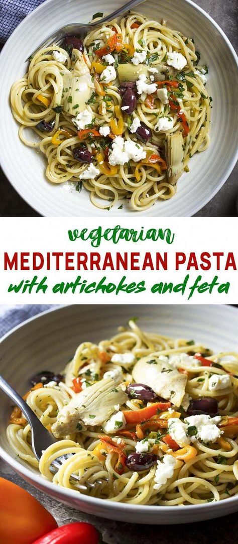 Pasta With Feta, Vegetarian Spaghetti, Resep Pasta, Mediterranean Pasta, Artichoke Pasta, Easy Mediterranean Diet Recipes, Resep Diet, Vegetarian Pasta, Kalamata Olives