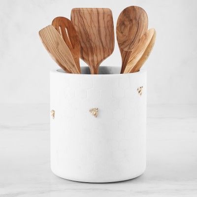 Marble Honeycomb Utensil Holder #williamssonoma Williams And Sonoma, Marble Utensil Holder, Island Styling, Rental Kitchen Decor, Spoon Display, Kitchen Island Styling, Kitchen Styling Ideas, Kitchen Countertop Decor, Black White Kitchen