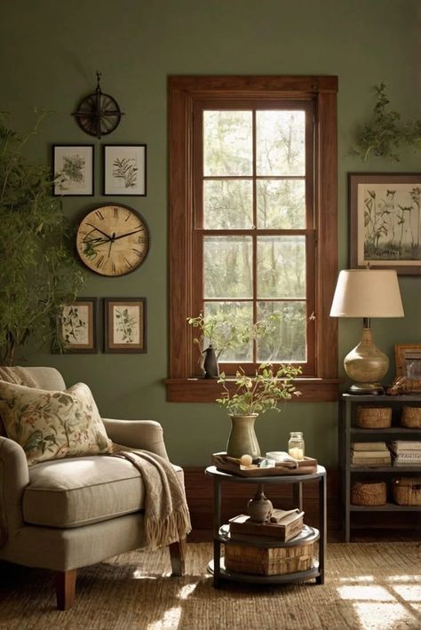 Rustic Cottage Farmhouse Style, Mossy Green Living Room Walls, Green Walls Brown Trim, Cozy Earthy Home Decor, Earthy Wall Paint Colors, Sage Green Living Room With Fireplace, Green Walls With Wood Trim, Vintage Room Colors, Green Walls Sherwin Williams