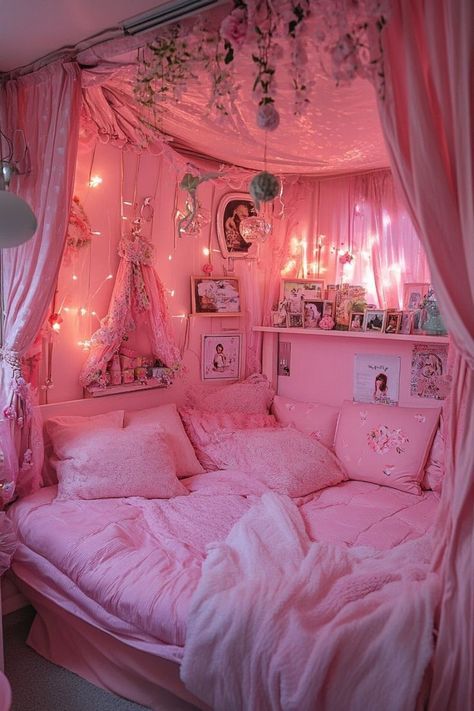 All Pink Room Aesthetic, Pink Goth Room Aesthetic, Pink Witch Bedroom, Girly Goth Bedroom, Pink Witchy Room, Pink Grunge Room, E Girl Bedroom, Pastel Goth Home, Kawaii Bedrooms