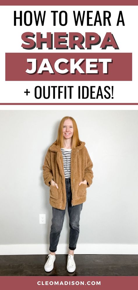 how to wear a sherpa jacket How To Style A Sherpa Jacket, How To Style Sherpa Jackets, Cream Jacket Outfit Winter, Oversized Sherpa Jacket Outfit, Long Sherpa Jacket Outfit, Brown Fuzzy Jacket Outfit, Sherpa Vest Outfits For Women, Brown Sherpa Jacket Outfit, Sherpa Sweater Outfit