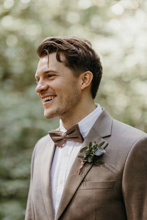 Scandinavian Style Meets Moroccan Flair in this Boho Helsinki Wedding | Junebug Weddings Dark Tan Groom Suit, Earth Tone Wedding Suit, Light Brown Groom Suit, Brown Groom Attire, Dark Brown Groom Suit, Taupe Suits Wedding Men, Brown Suit Wedding, Beige Suits Wedding, Greenery Boutonniere