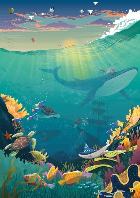 Fantasy Ocean Concept Art, Underwater Art Illustration, Ocean Illustration Art, Sea Creatures Illustration, Ocean Art Ideas, Sea Illustration Art, Illustration Underwater, Underwater Illustration, Underwater Drawing